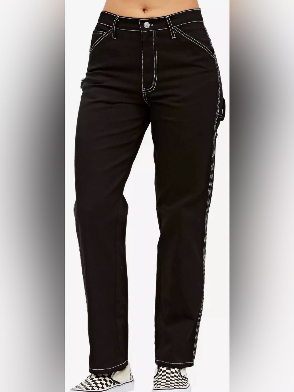 Dickies Black Carpenter Pants with contrasting white stitching.